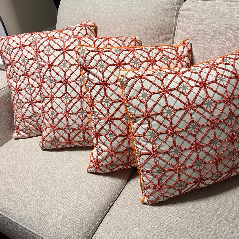 Tangerine Geometric Design and Glass Bead Accent Pillows 10.00 Each or Bundle!!